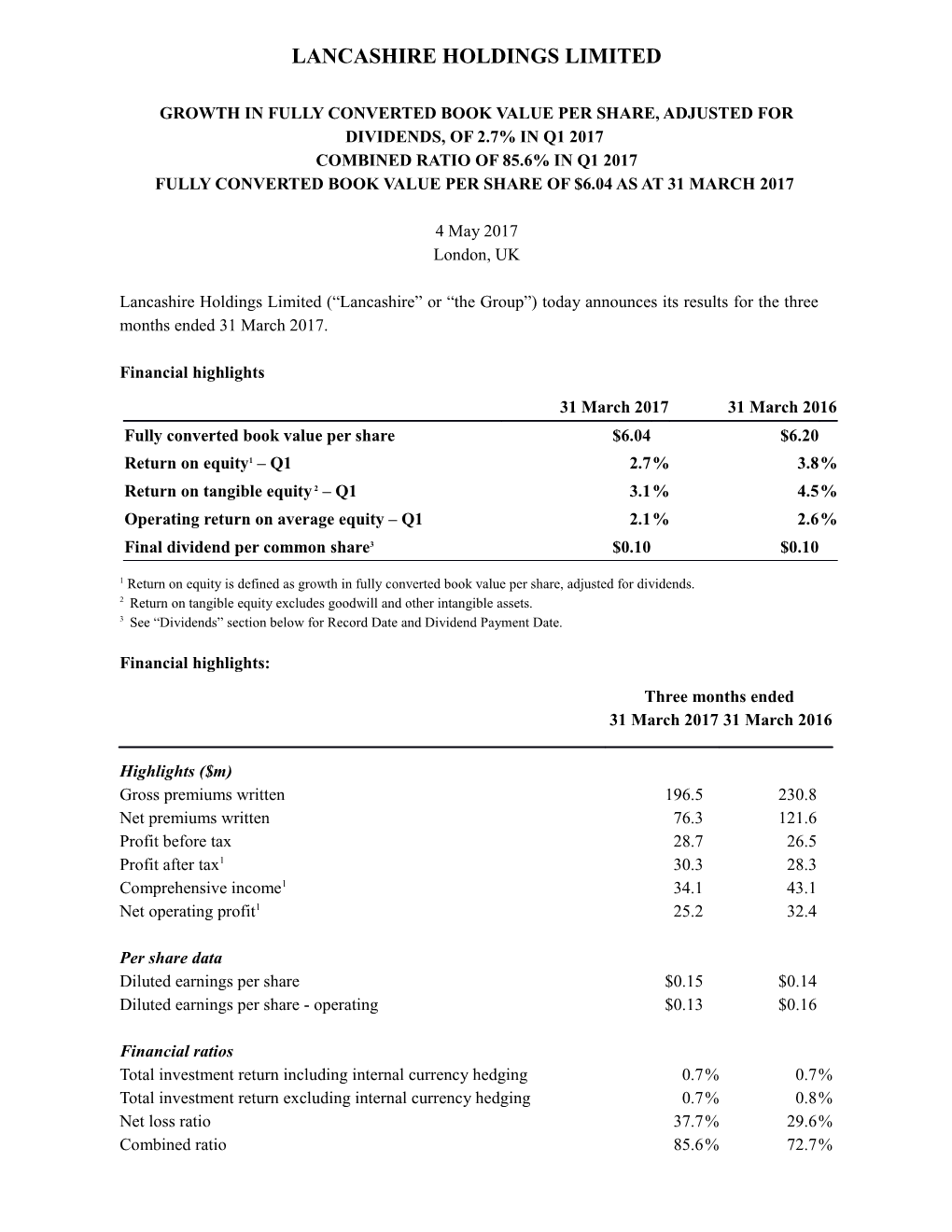 Growth in Fully Converted Book Value Per Share, Adjusted for Dividends, of 2.7% in Q1 2017