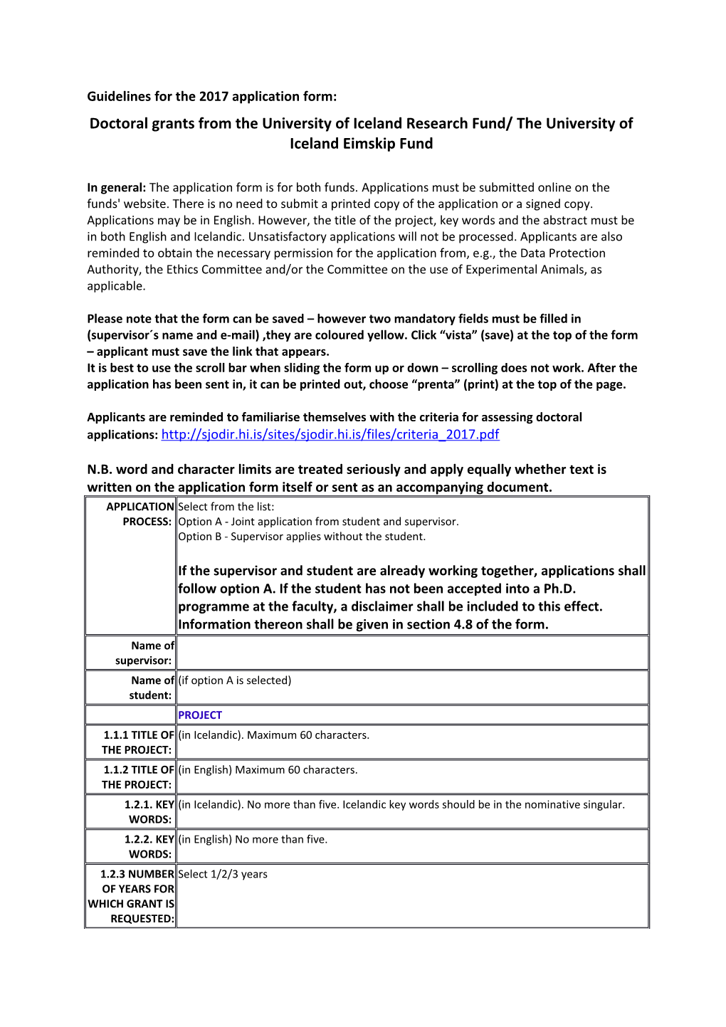 Guidelines for the 2017 Application Form