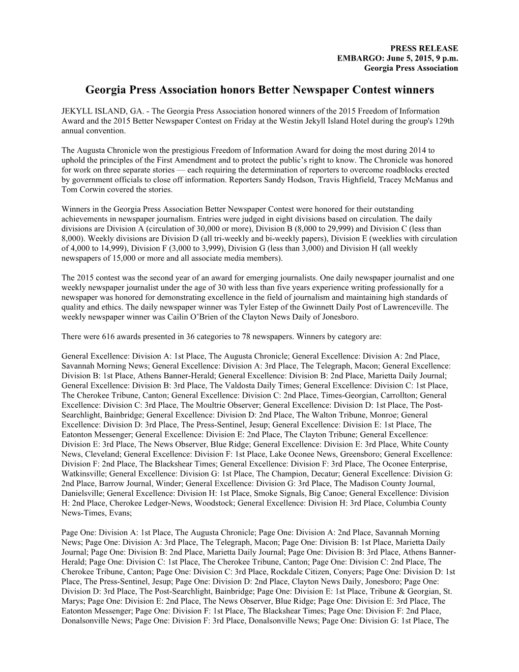 Georgia Press Association Honors Better Newspaper Contest Winners