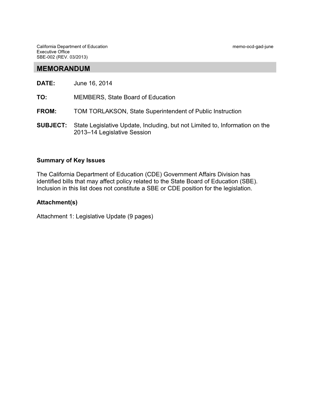 June 2014 Memorandum GAD Item 01 - Information Memorandum (CA State Board of Education)