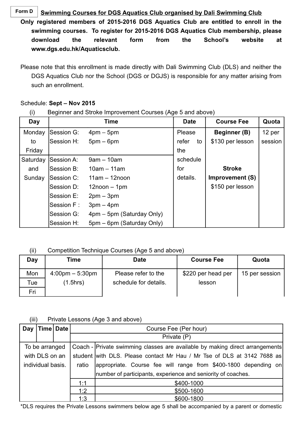 Swimming Courses for DGS Aquatics Club Organised by Dali Swimming Club