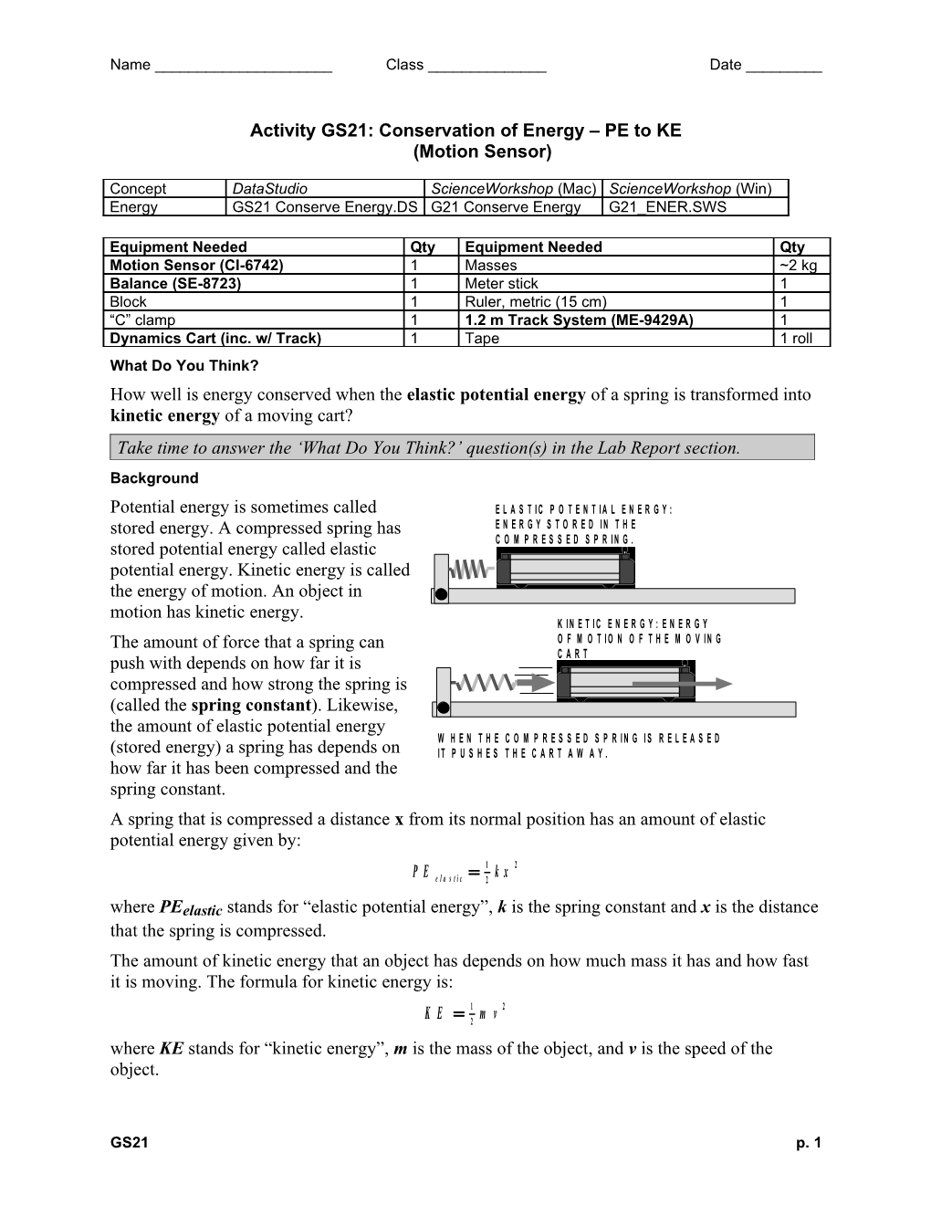 Activity GS21: Conservation of Energy PE to KE