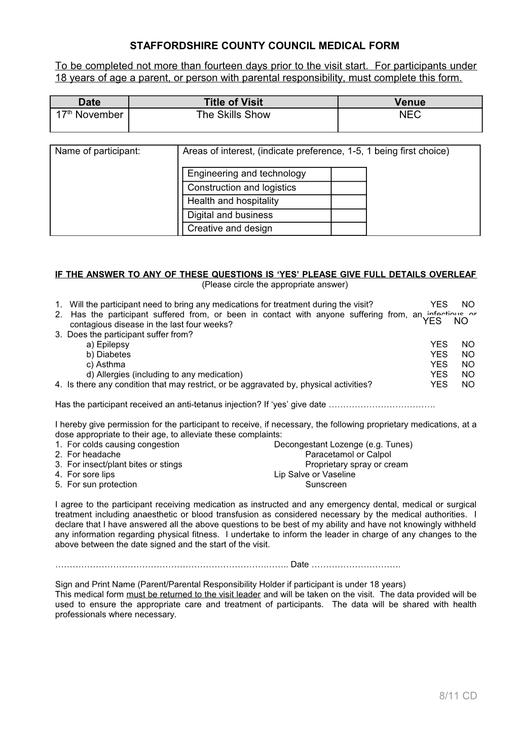 Staffordshire County Council Medical Form