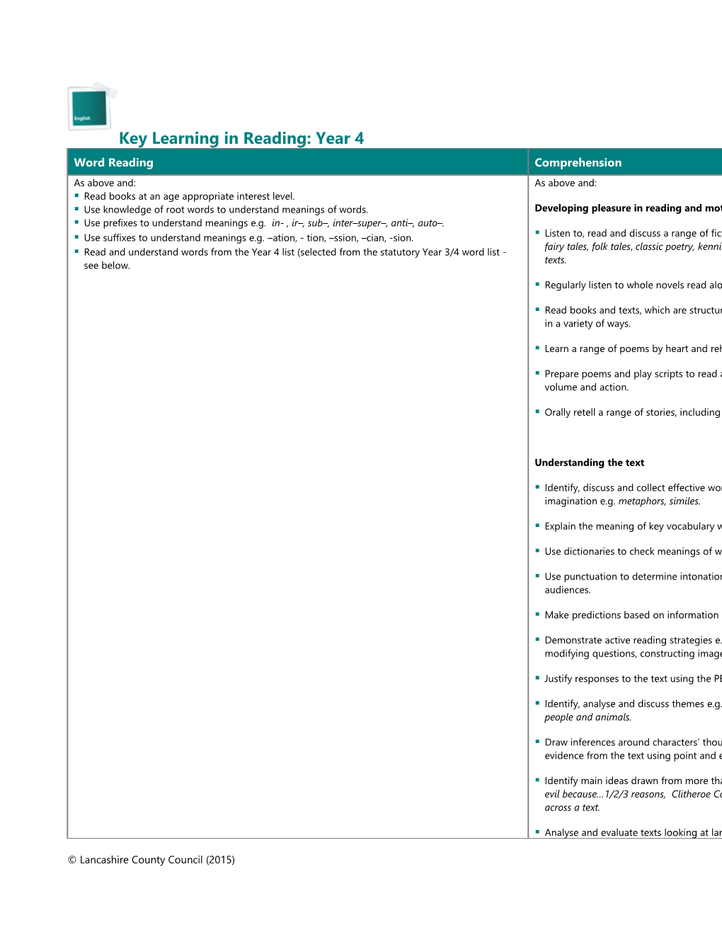 Key Learning in Reading: Year 4