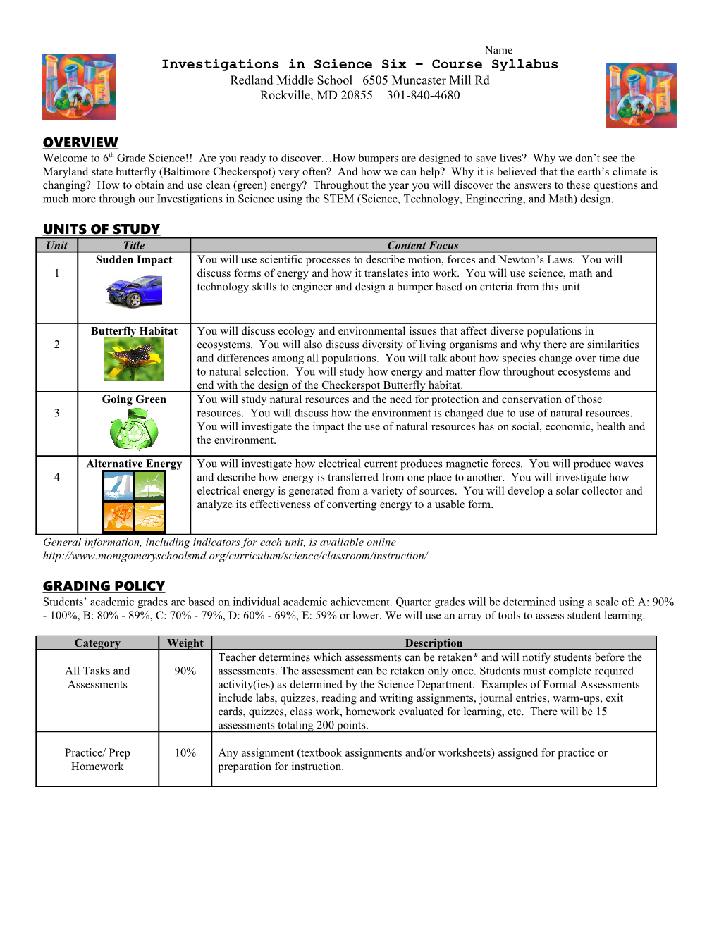 Investigations in Science Six Course Syllabus