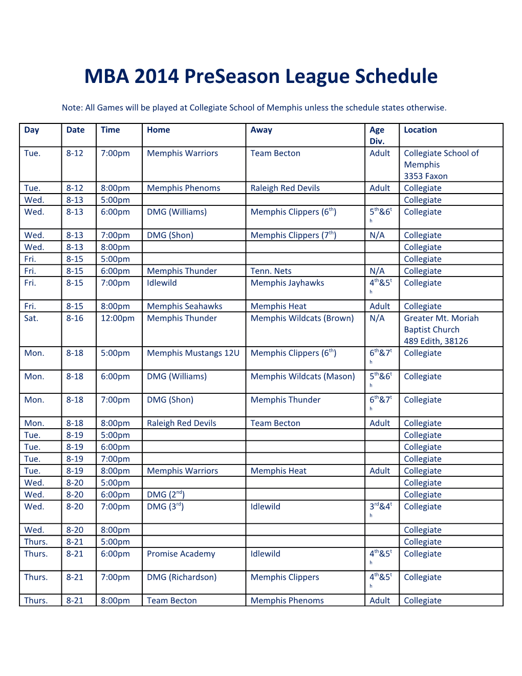 MBA 2014 Preseason League Schedule