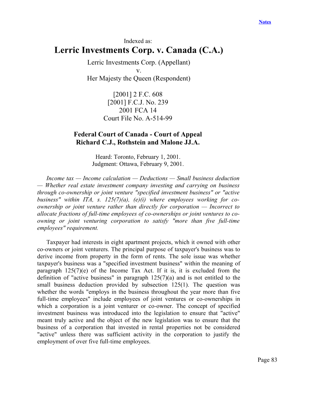 Indexed As: Lerric Investments Corp. V. Canada (C.A.)