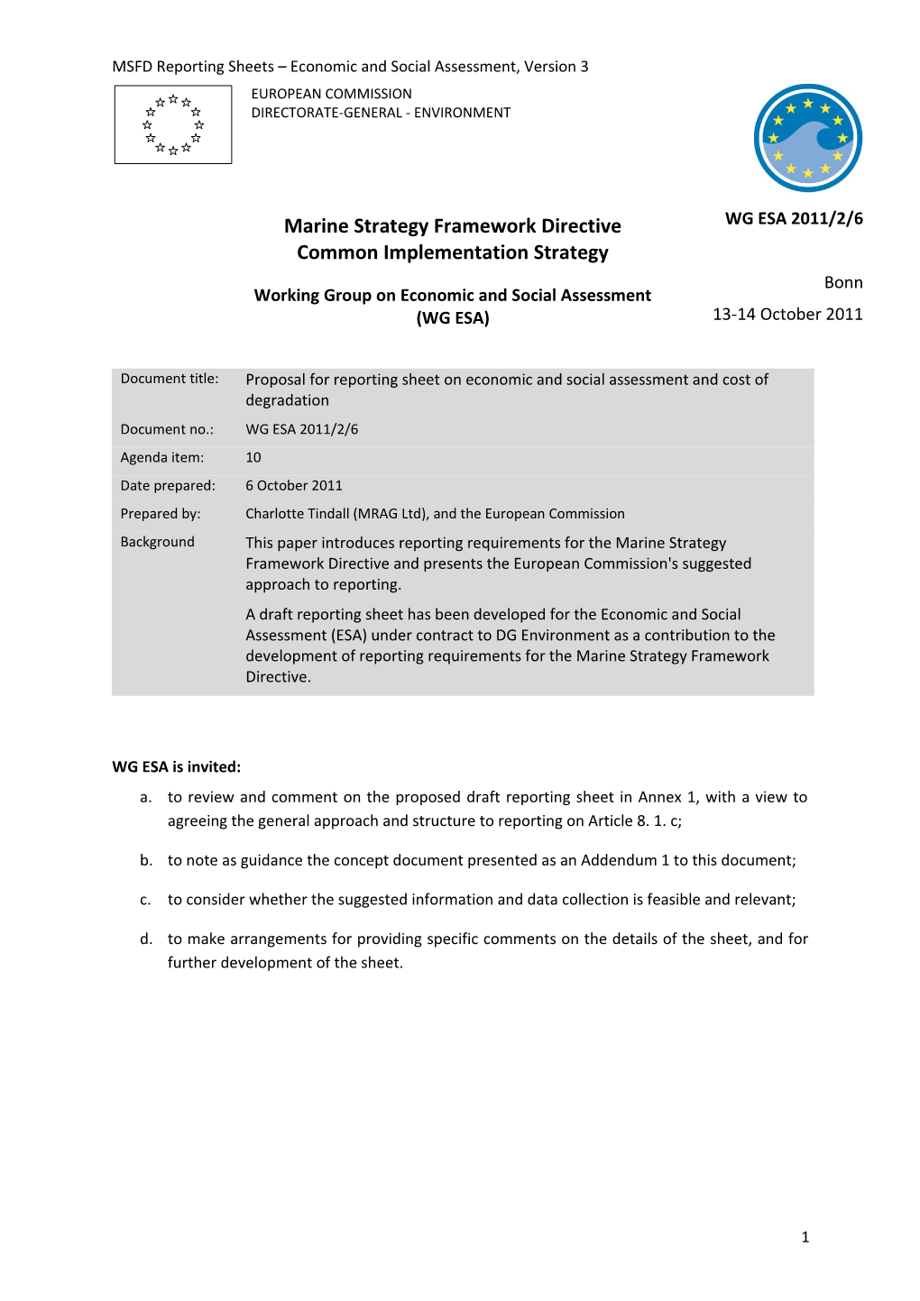 MSFD Reporting Sheets Economic and Social Assessment, Version 3