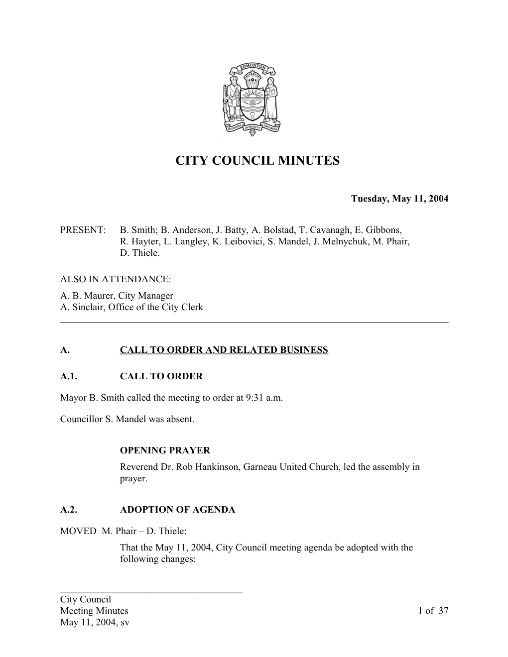 Minutes for City Council May 11, 2004 Meeting