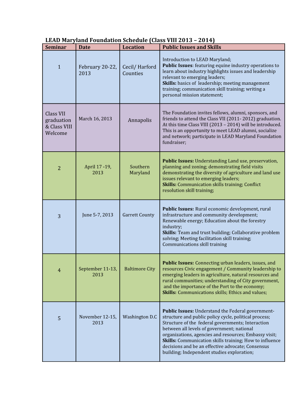 LEAD Maryland Foundation Schedule (Class VIII 2013 2014)