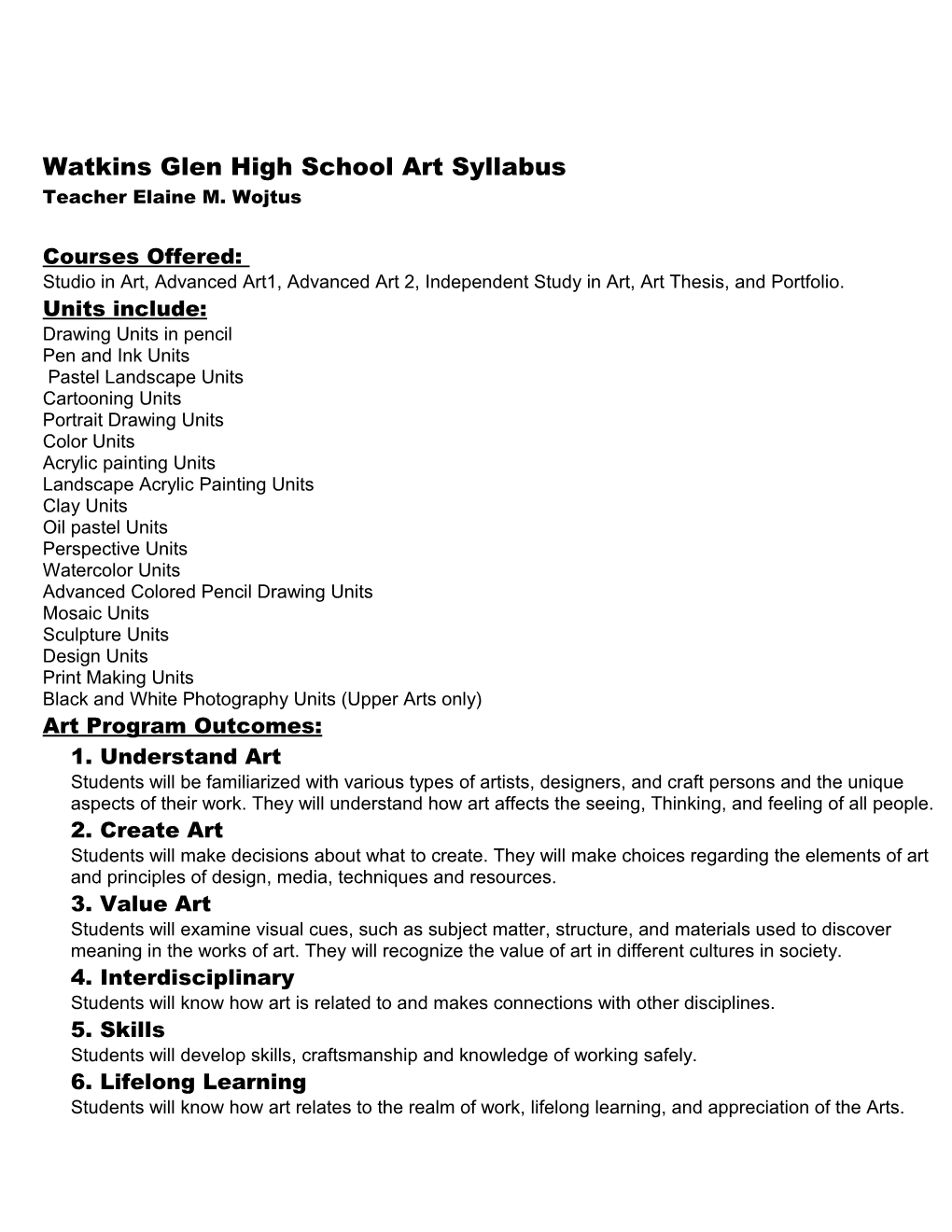 Grading for Watkins Glen High School Art Classes