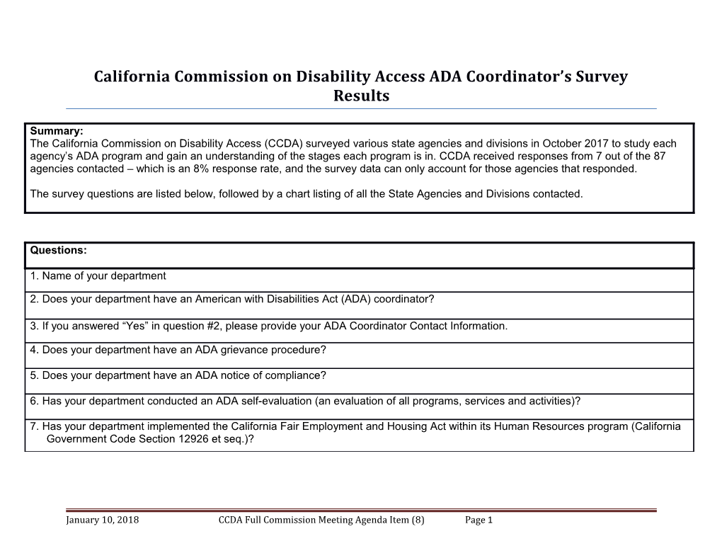 California Commission on Disability Access ADA Coordinator S Survey Results