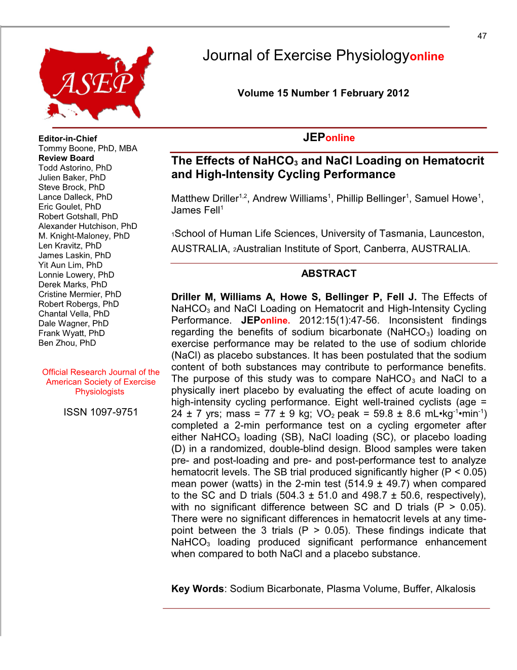 The Effects of Nahco3 and Nacl Loading on Hematocrit and High-Intensity Cycling Performance
