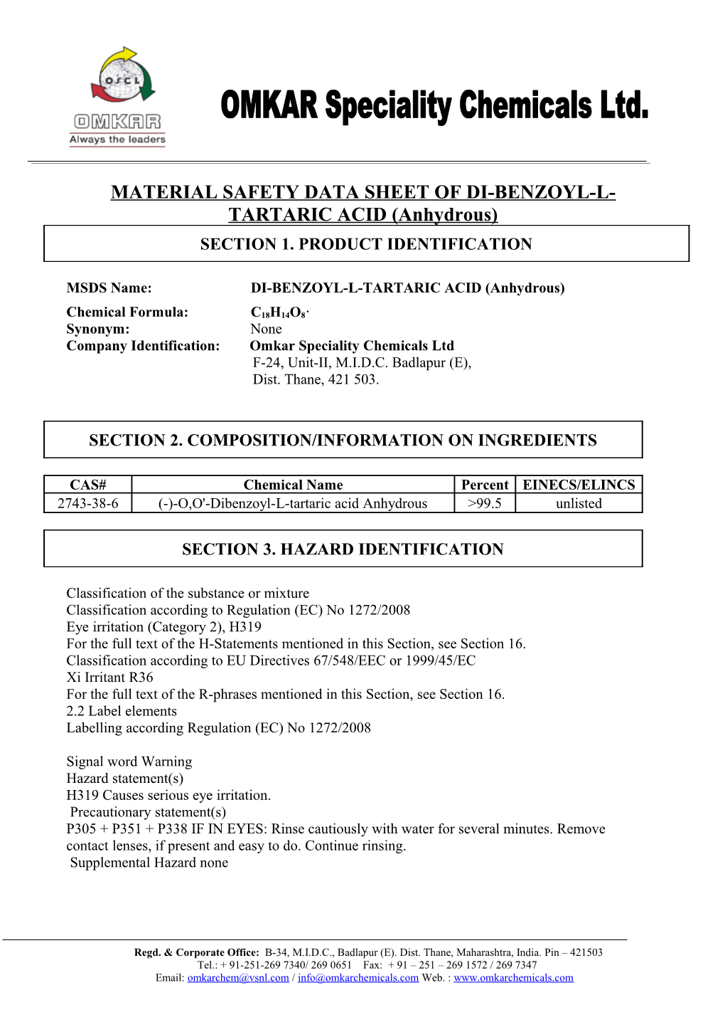 MATERIAL SAFETY DATA SHEET of DI-BENZOYL-L-TARTARIC ACID (Anhydrous)