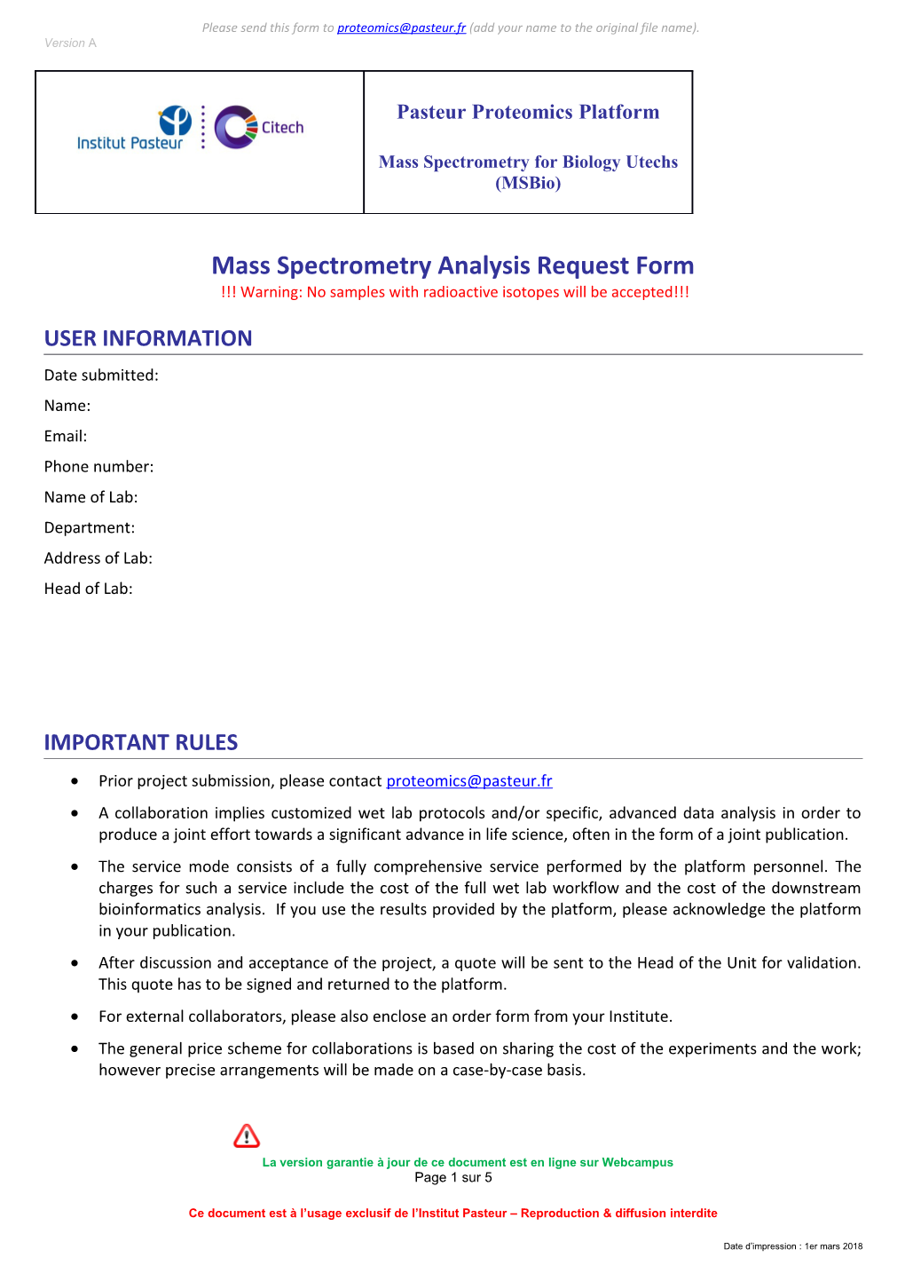Mass Spectrometry Analysis Request Form