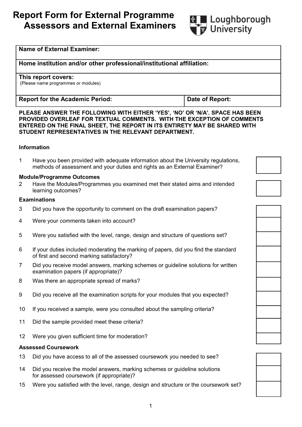 Report Form for External Programme Assessors and External Examiners