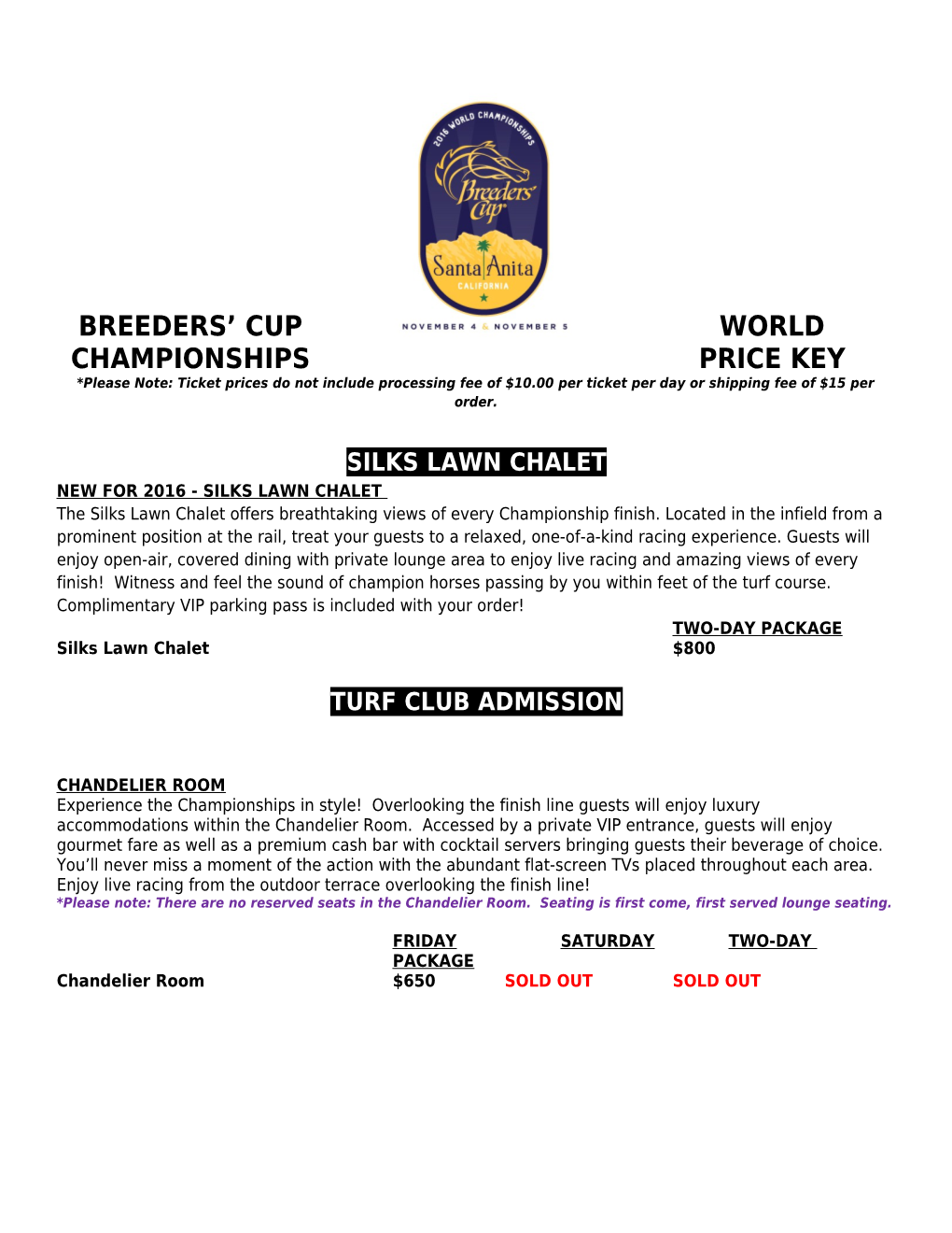Breeders Cup World Championships Price Key