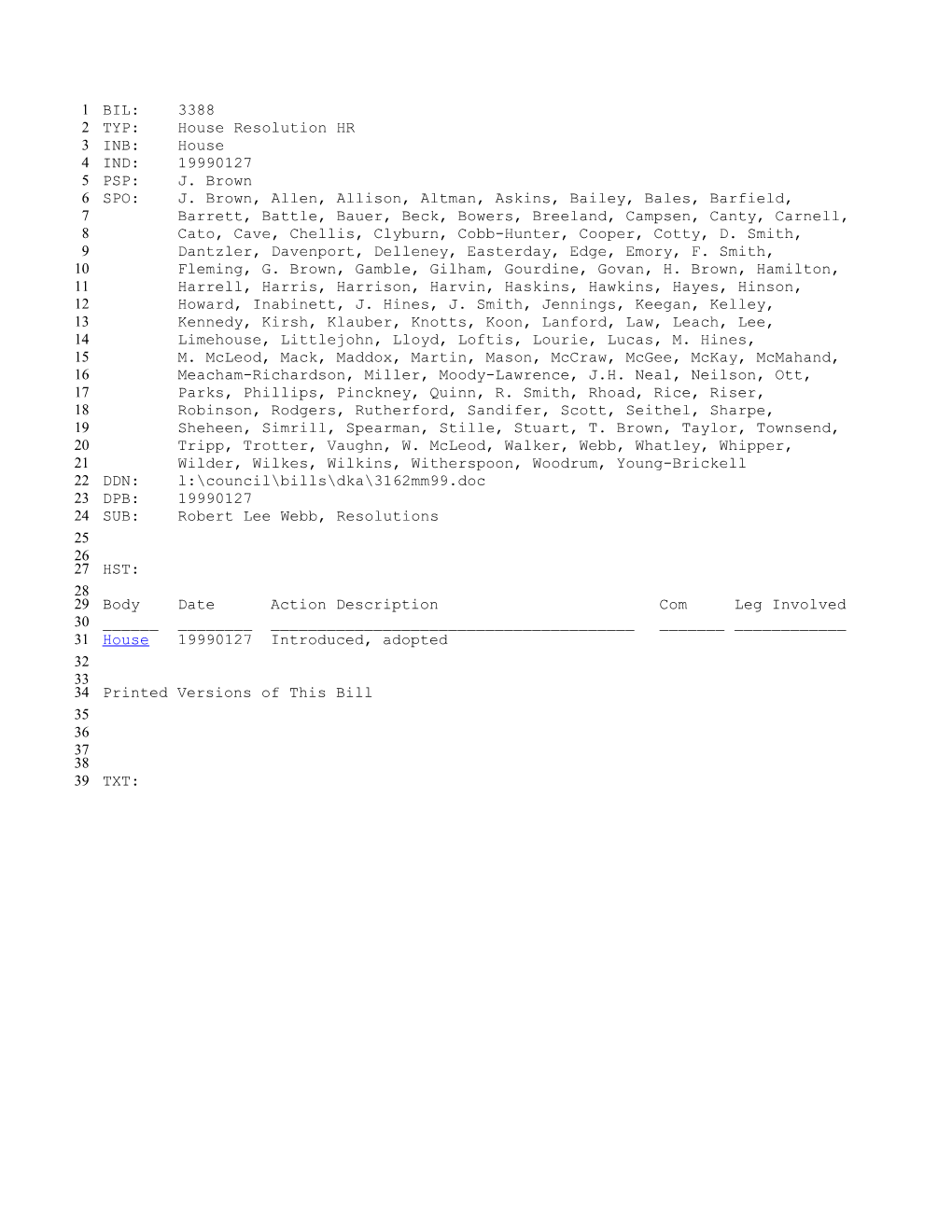 1999-2000 Bill 3388: Robert Lee Webb, Resolutions - South Carolina Legislature Online