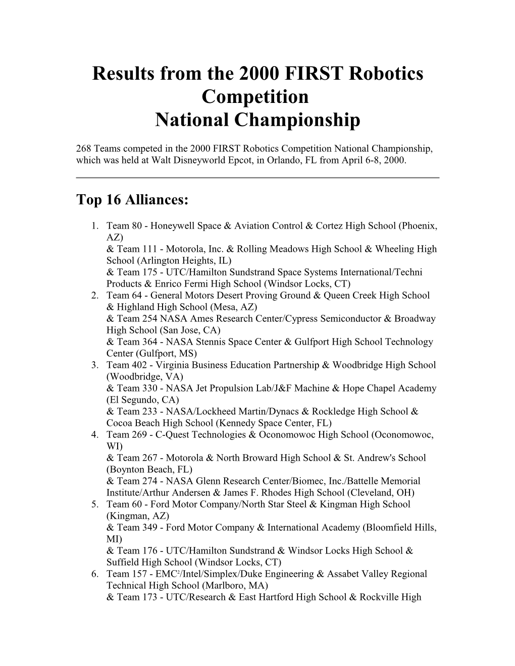 Results from the 2000 FIRST Robotics Competition
