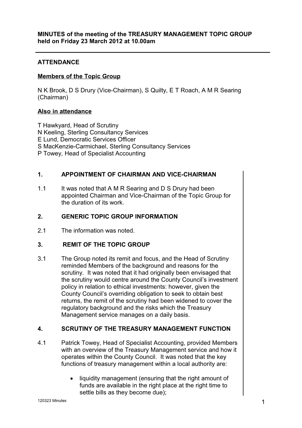 Minutes of the Meeting of the Treasury Management Topic Group Held on Friday 23 March 2012