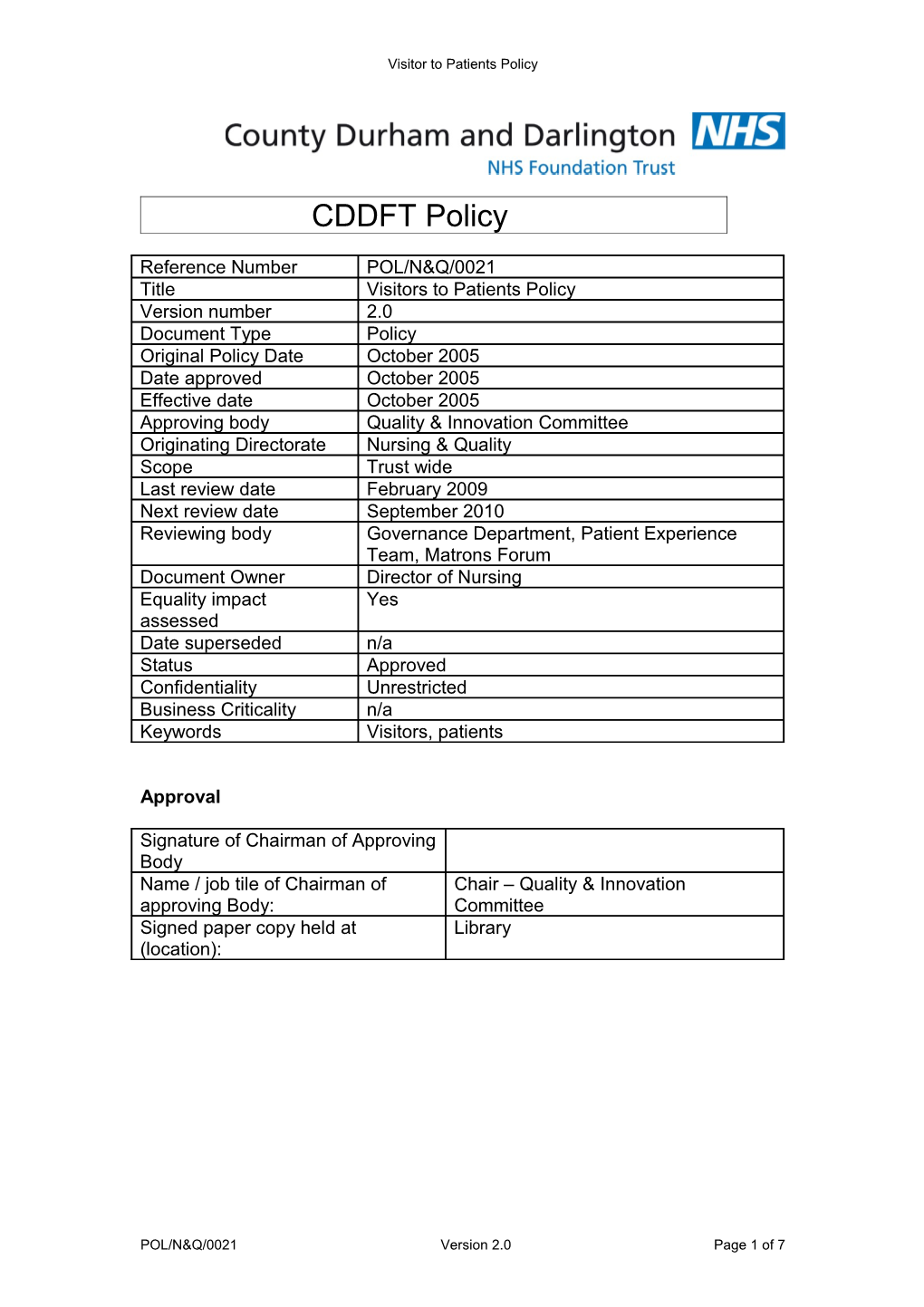 Visitors to Patients Policy 2005