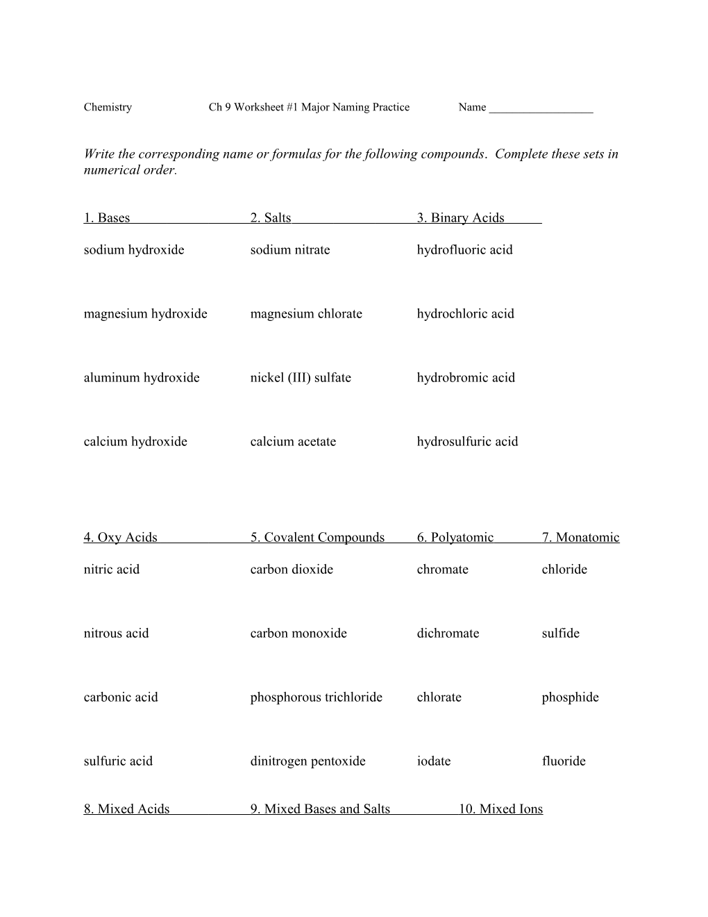 Chemistrych 9 Worksheet #1 Major Naming Practicename ______