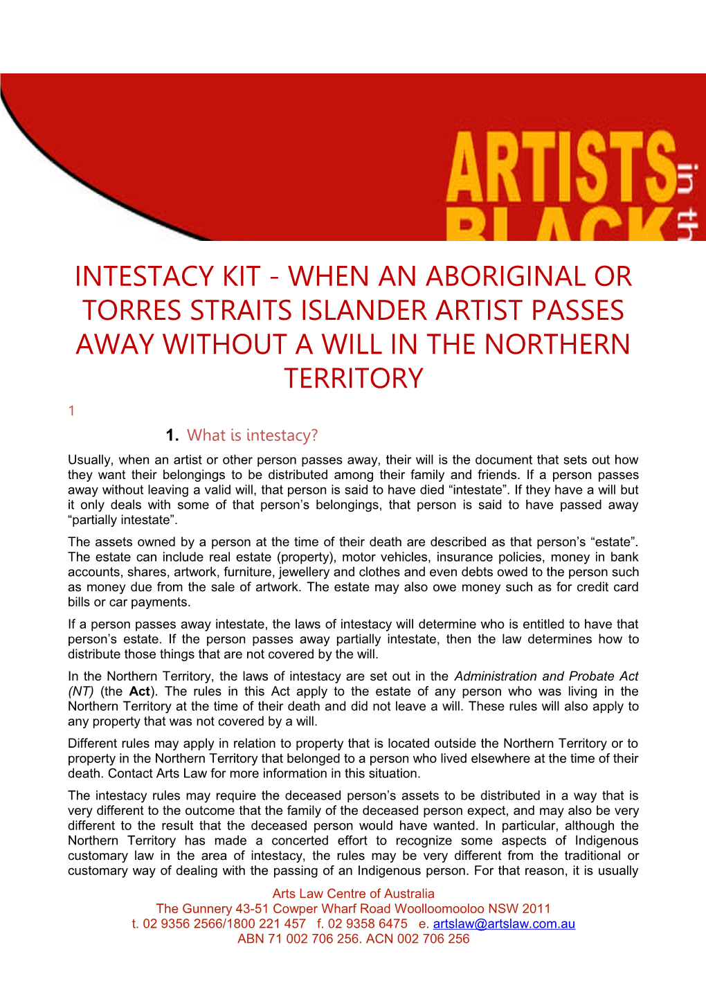 Arts Law Centre of Australiaaitb Intestacy Kit Northern Territory