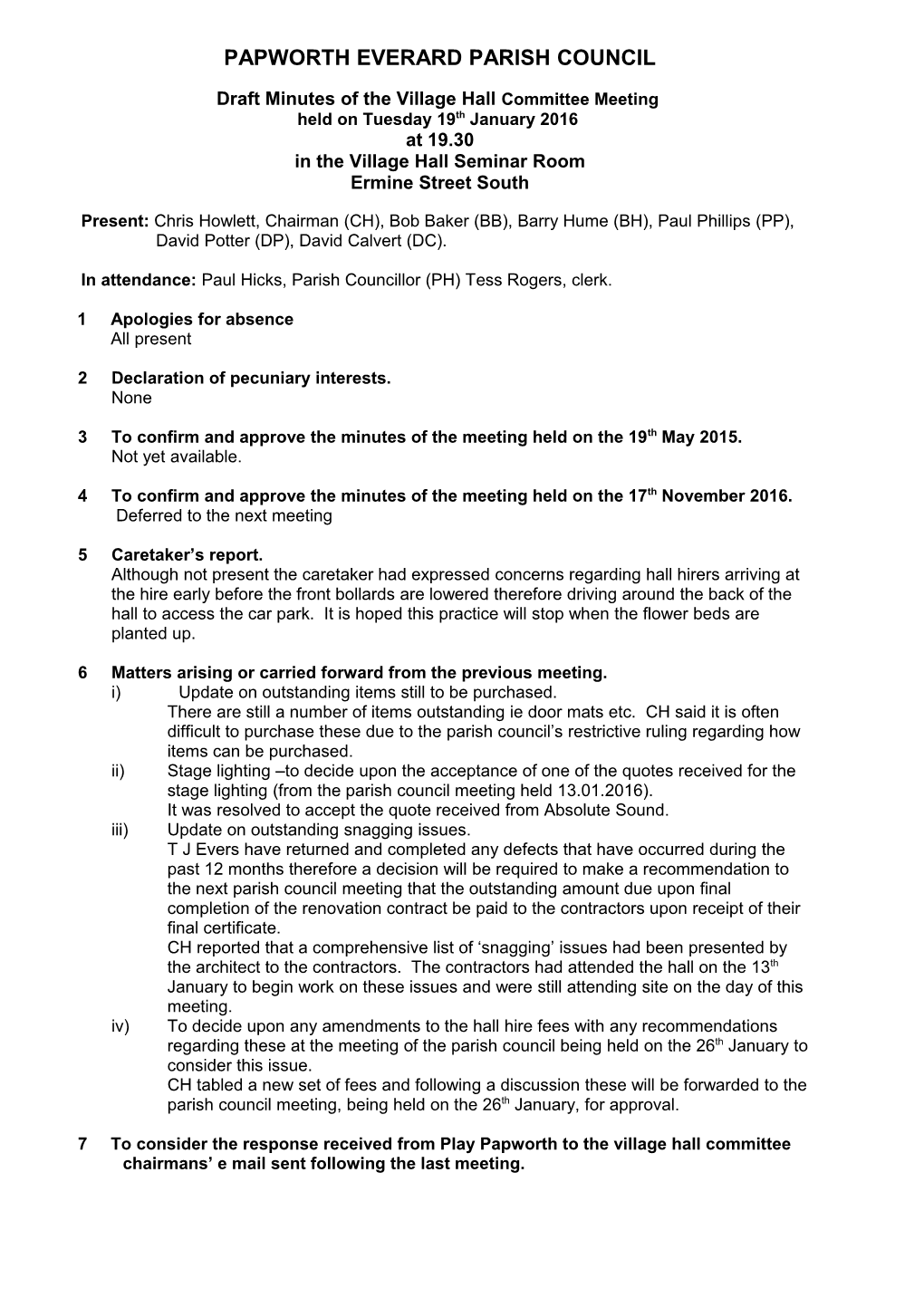 Draft Minutes of the Village Hallcommittee Meeting