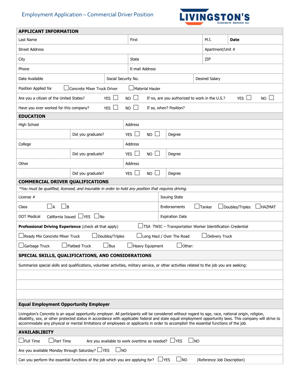 Employment Application Commercial Driver Position