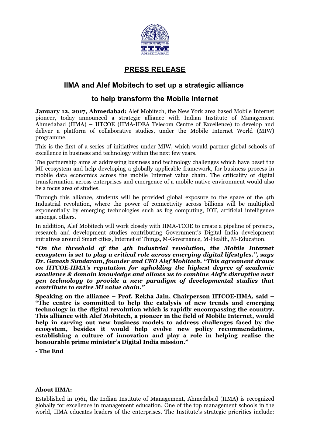 IIMA and Alef Mobitech to Set up a Strategic Alliance