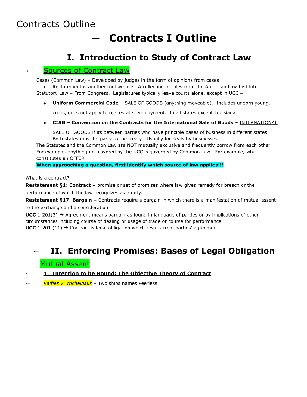 I. Introduction to Study of Contract Law