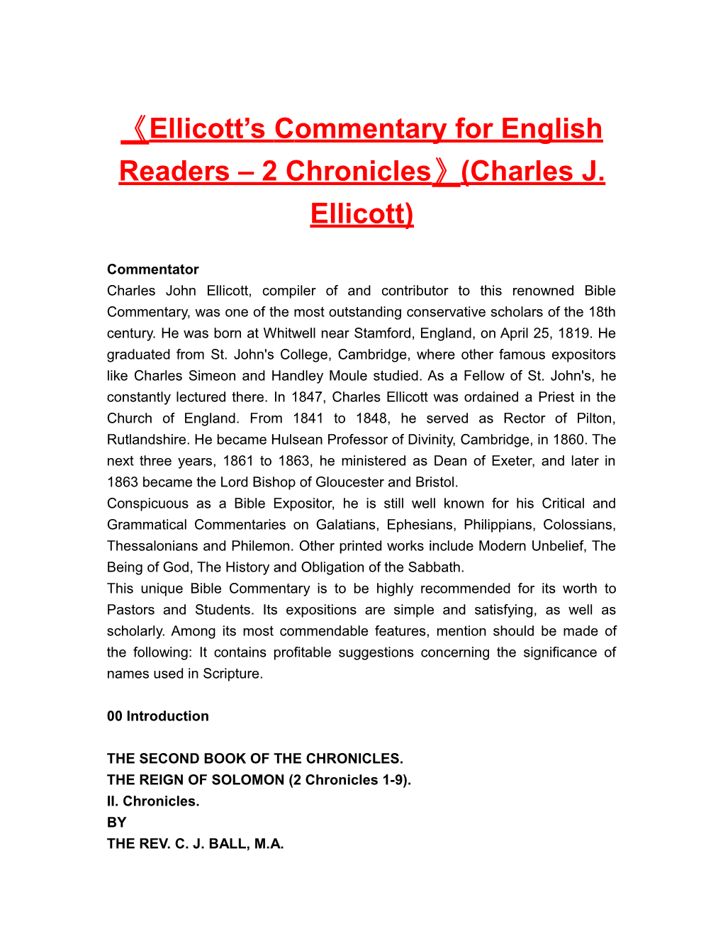 Ellicott Scommentary for English Readers 2 Chronicles (Charles J. Ellicott)