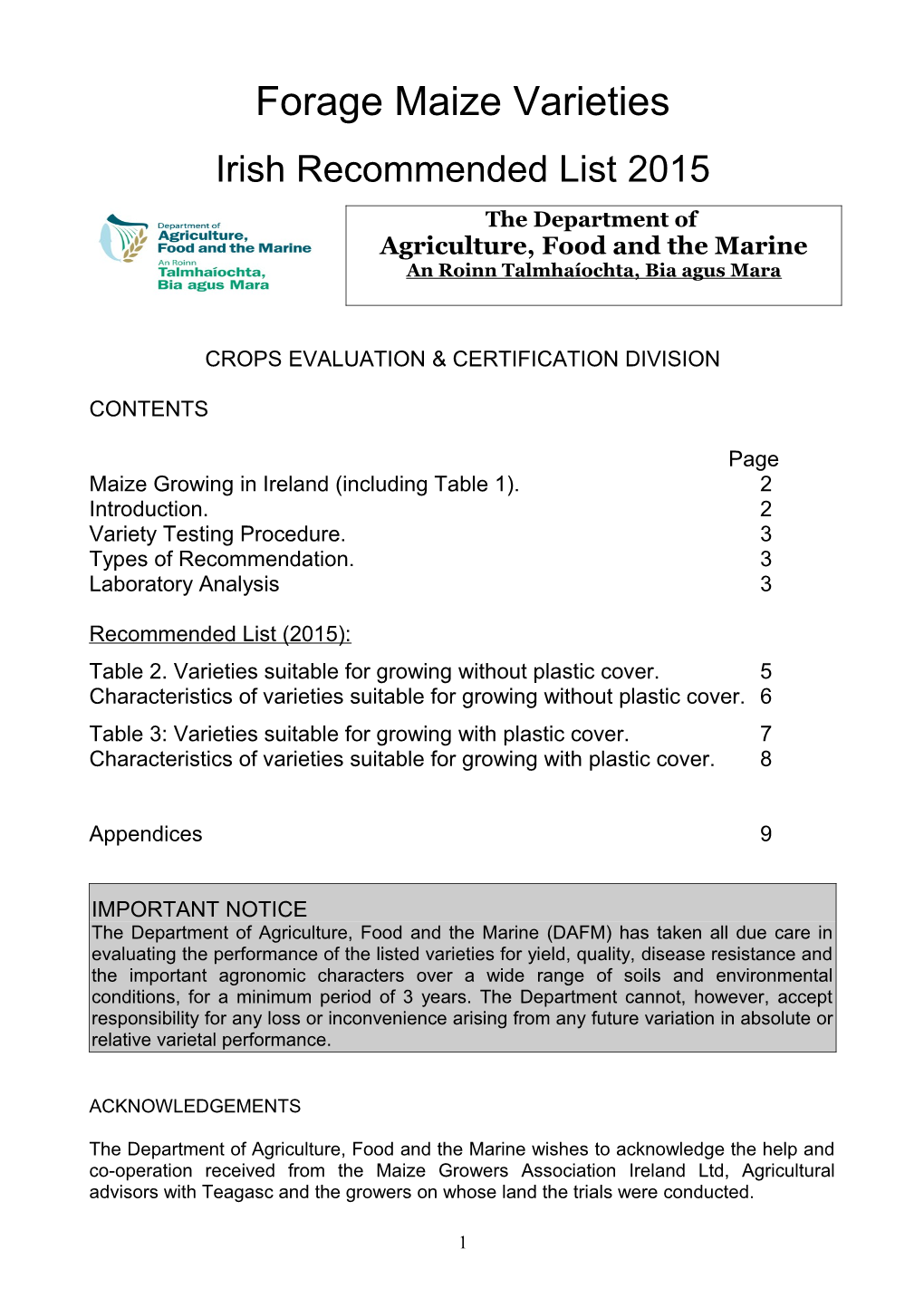 Forage Maize Varieties: Irish Recommended List 2015