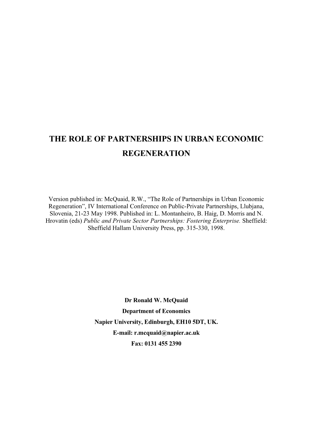 Partnerships and Urban Economic Development