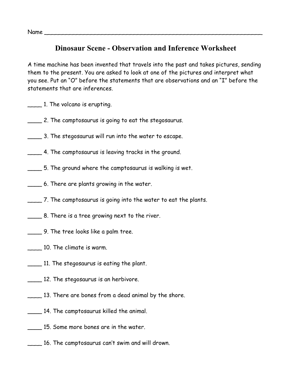 Dinosaur Scene - Observation and Inference Worksheet