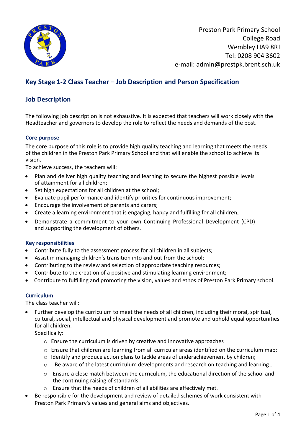 Key Stage 1-2 Class Teacher Job Description and Person Specification