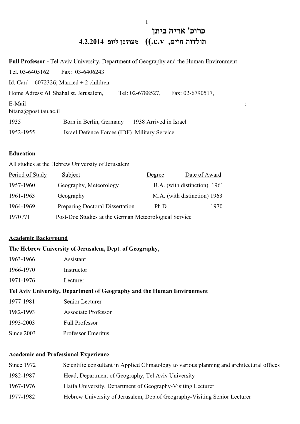 Full Professor - Telavivuniversity, Department of Geography and the Human Environment