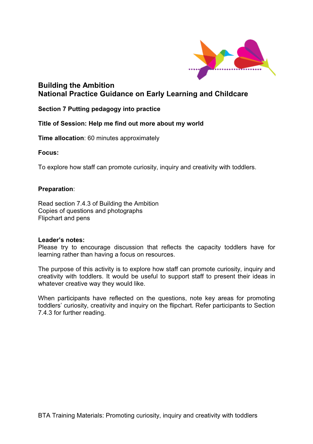 Building the Ambition - Activities: Promoting Curiosity, Inquiry and Creativity with Toddlers