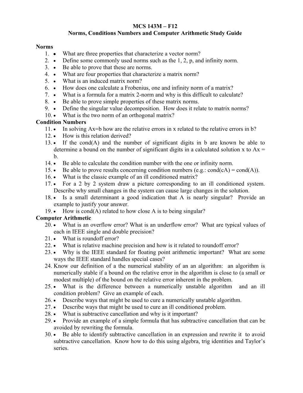 Norms, Conditions Numbers and Computer Arithmetic Study Guide