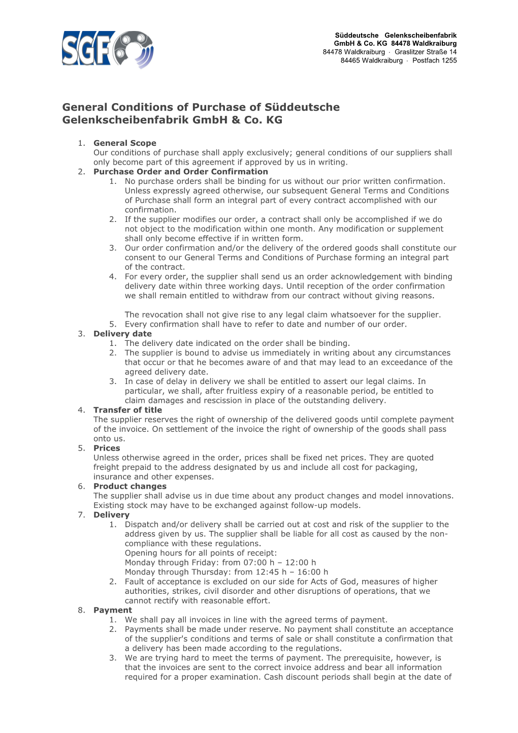 General Conditions of Purchase of Süddeutsche Gelenkscheibenfabrik Gmbh & Co