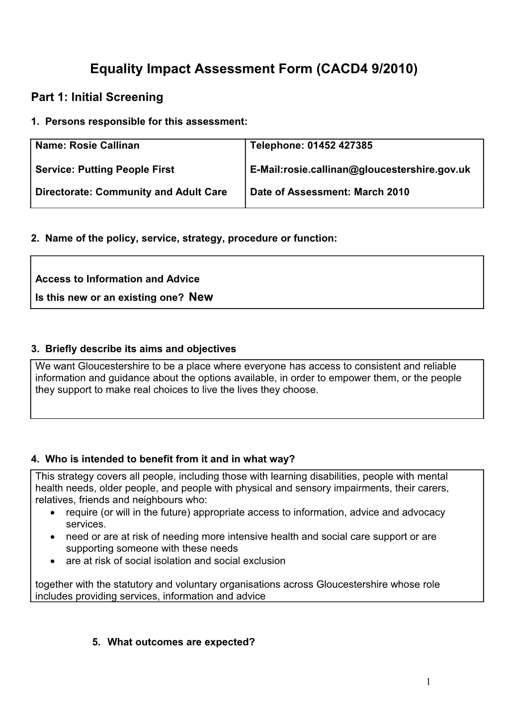 Equality Impact Assessment Form (CACD4 9/2010)