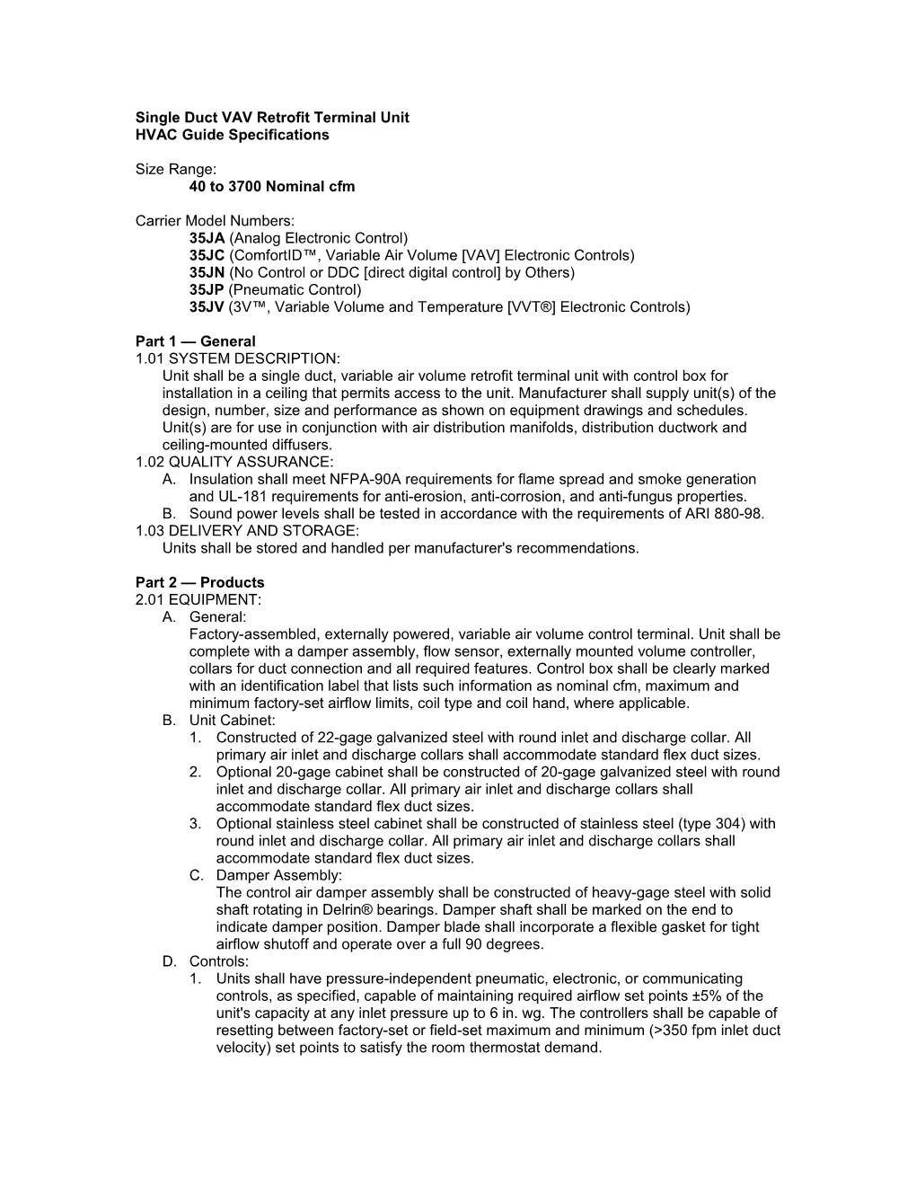 35J Guide Specifications, 45 to 3700 Nominal Cfm