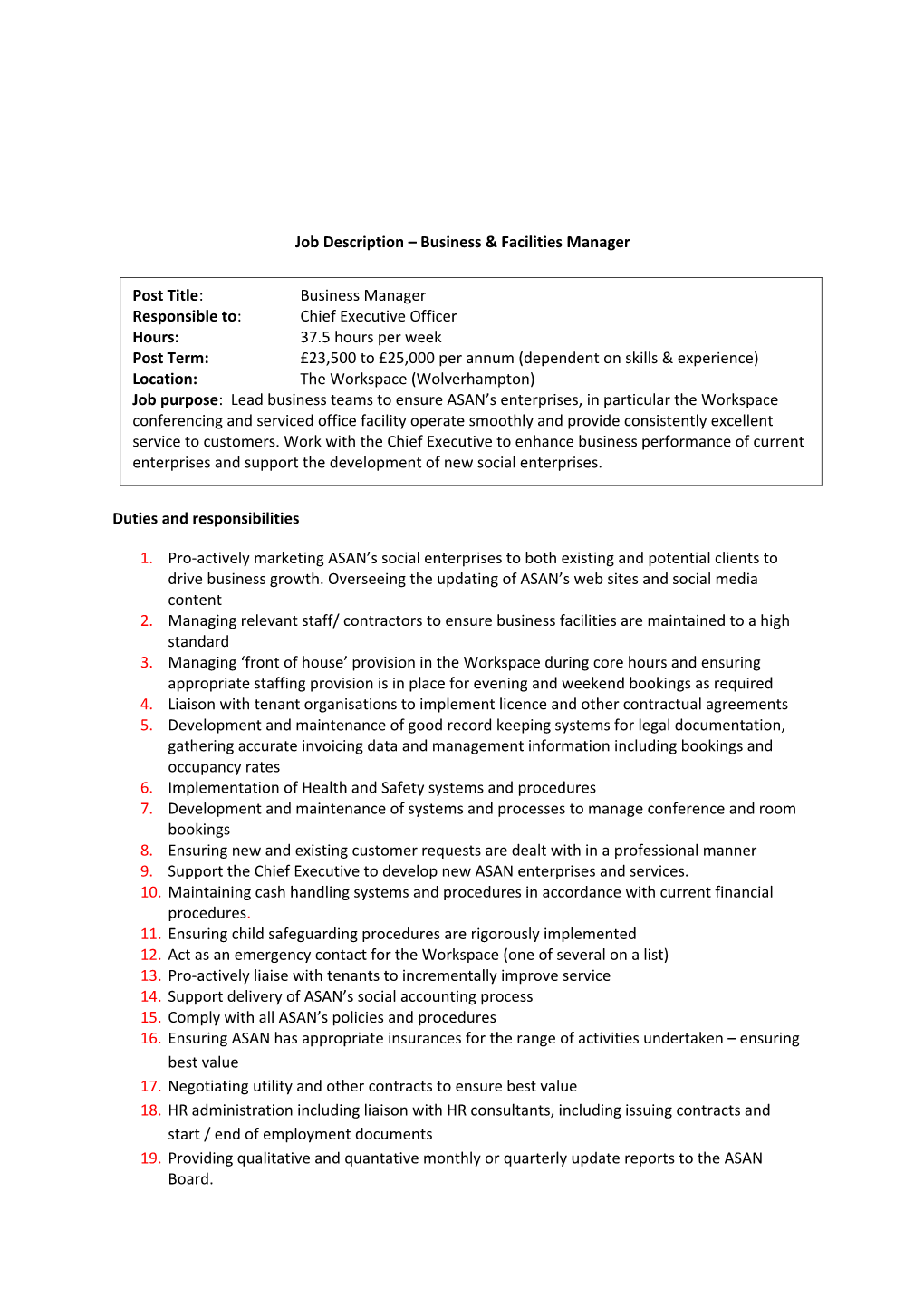 Job Description Businessfacilities Manager