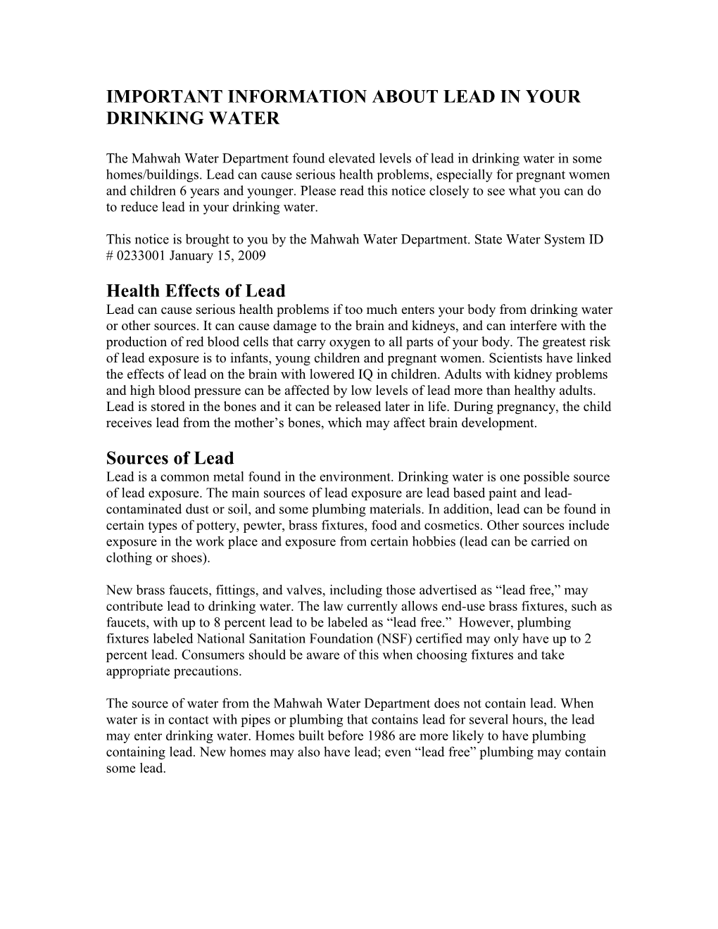 Important Information About Lead in Your Drinking Water
