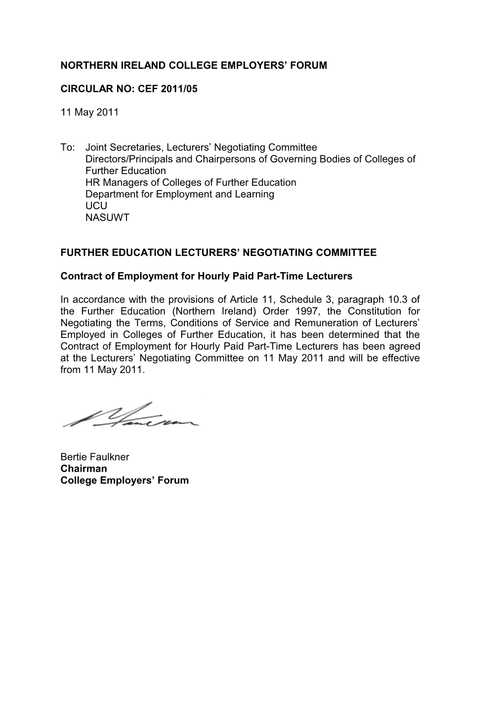 Contract of Employment for Hourly Paid Part-Time Lecturers