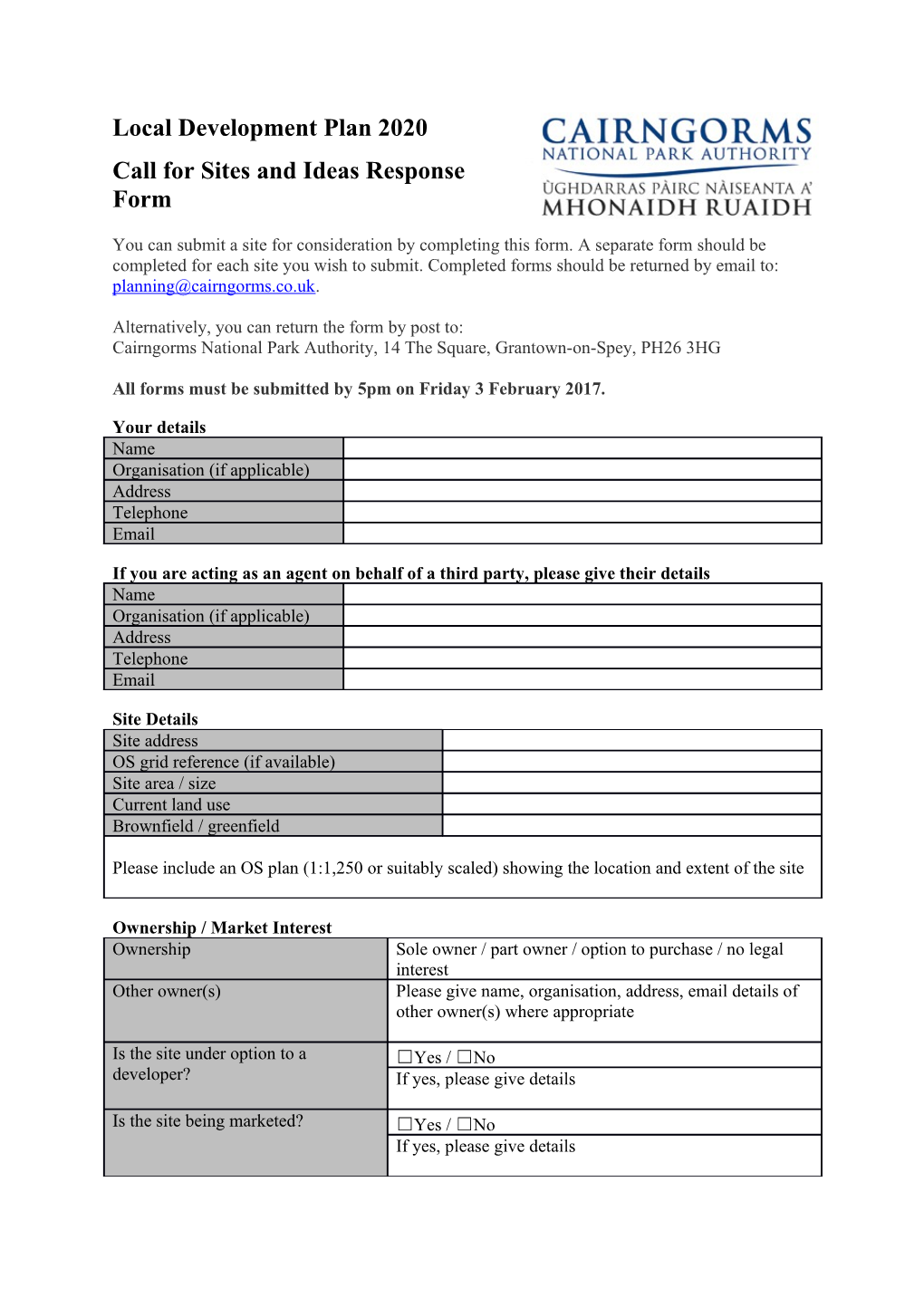 Call for Sitesand Ideas Response Form