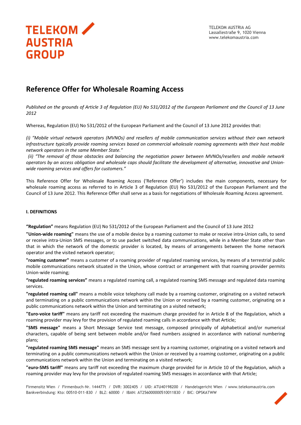 Reference Offer for Wholesale Roaming Access
