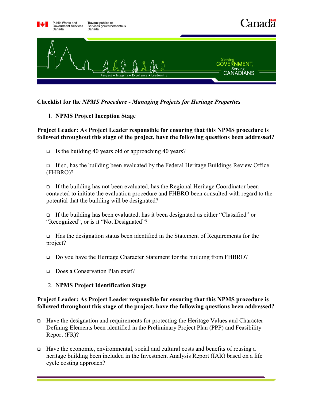 Checklist for the NPMS Procedure - Managing Projects for Heritage Properties