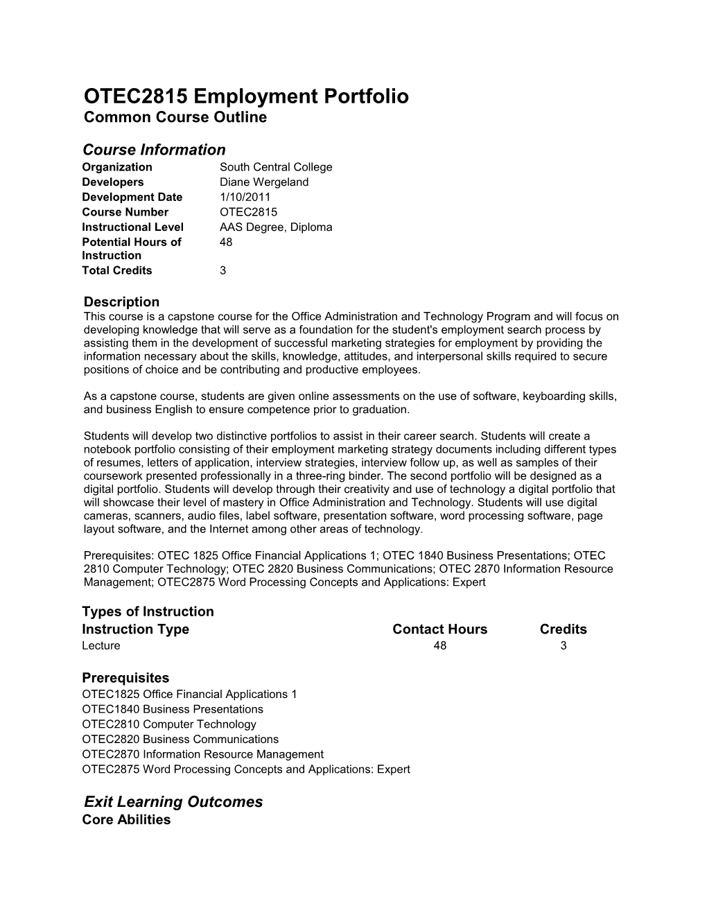 OTEC2815 Employment Portfolio Common Course Outline