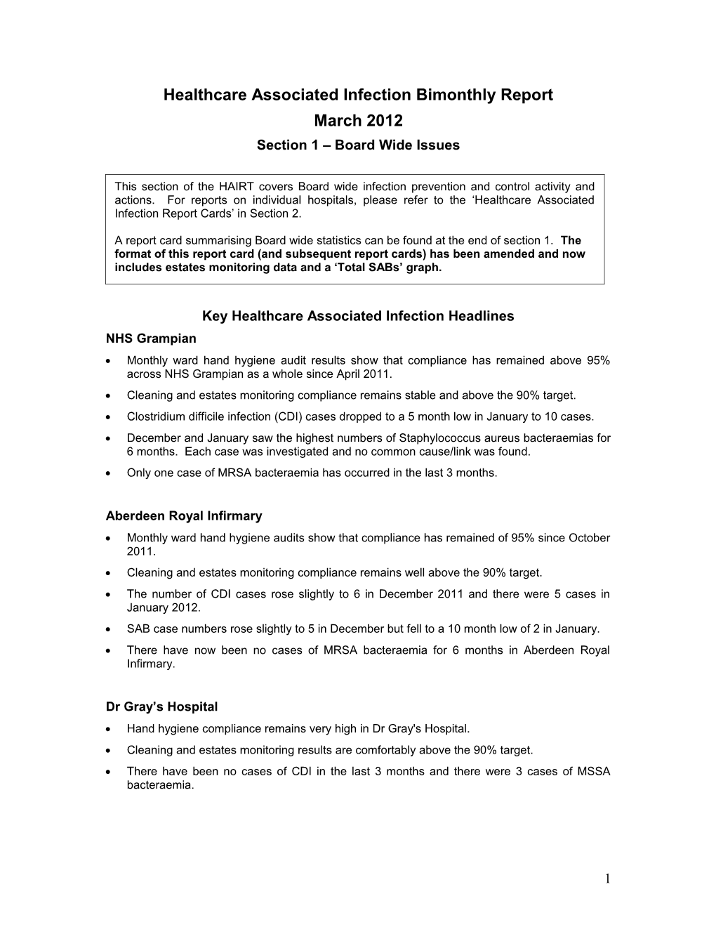 Healthcare Associated Infection Report - March 2012